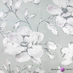Bawełna 100% kwiaty magnolii na jasno szarym tle