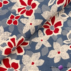 Sun lounger fabric with red flowers on a jeans background