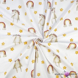 Cotton 100% brown horses with rainbows on a white background