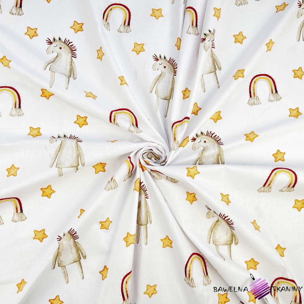 Cotton 100% brown horses with rainbows on a white background