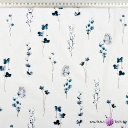 Cotton 100% navy blue flowers with butterflies on a white background