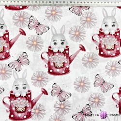 Cotton 100% rabbits with flowers in burgundy watering cans on a white background