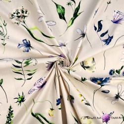Cotton 100% flowers, dragonflies and butterflies on a light beige background