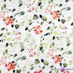 Cotton 100% eucalyptus leaves with red flowers on white background