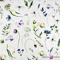 Cotton 100% flowers, dragonflies and butterflies on a white background