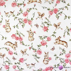 Cotton 100% rabbits and birds with roses on a white background
