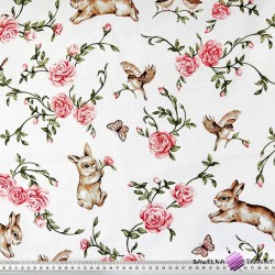 Cotton 100% rabbits and birds with roses on a white background