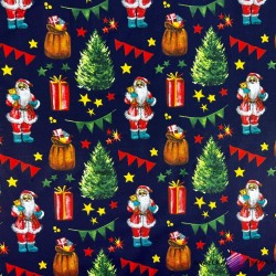 Cotton 100% Christmas pattern Santa Claus with a bag of gifts on a navy blue background