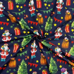 Bawełna 100% wzór świąteczny Mikołaj z workiem prezentów na granatowym tle