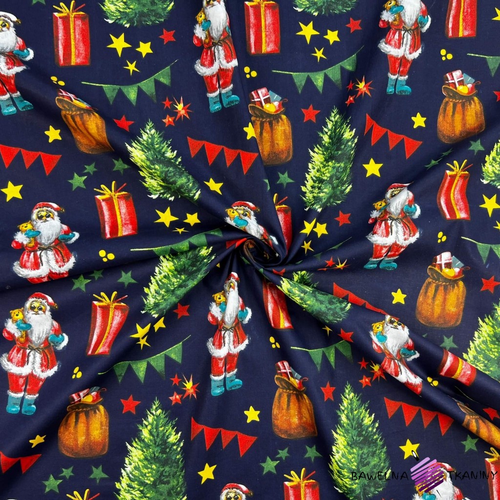 Cotton 100% Christmas pattern Santa Claus with a bag of gifts on a navy blue background