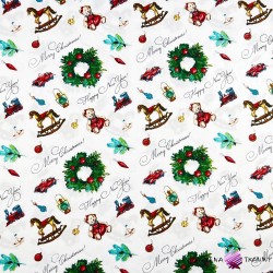Cotton 100% Christmas pattern wreaths with toys on a white background