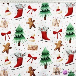 Cotton 100% Christmas pattern ice skates, christmas tree and gingerbread cookies on a white background