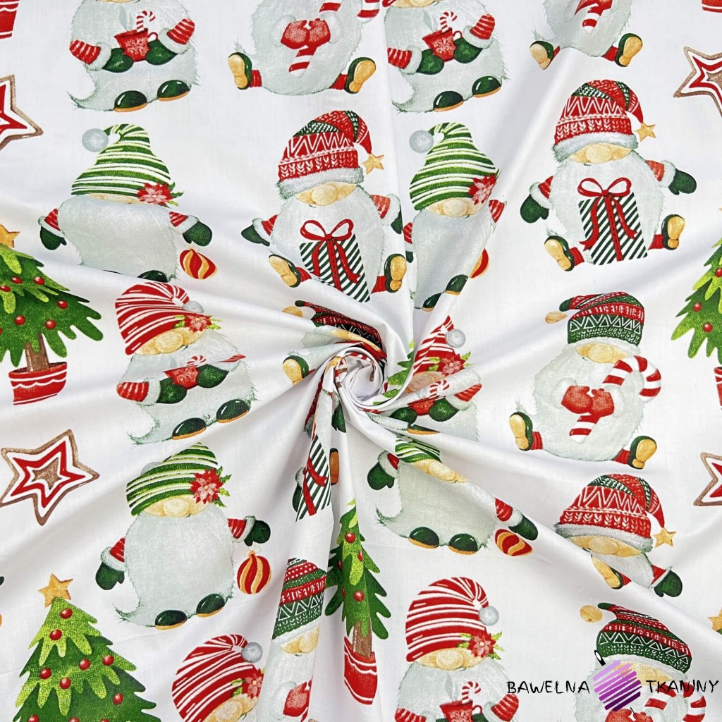 Cotton 100% Christmas pattern big elves on a white background