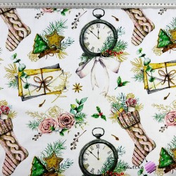 Cotton 100% Christmas pattern New Year's clocks with roses on a white background