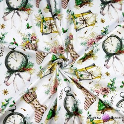 Bawełna 100% wzór świąteczny zegary noworoczne z różami na białym tle