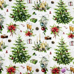 Bawełna 100% wzór świąteczny choinki z kieliszkami na białym tle