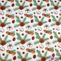 Bawełna 100% wzór świąteczny kwiaty bawełny z cynamonem