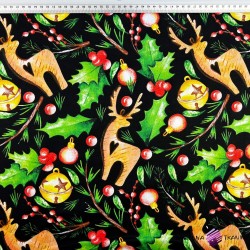 Cotton 100% Christmas pattern with holly on black background