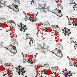 Bawełna 100% wzór świąteczny bałwanki czerwono szare na białym tle