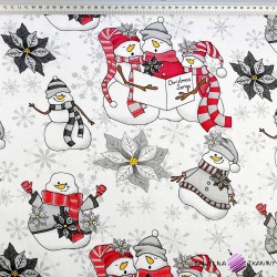 Cotton 100% Christmas pattern with red-gray snowmen on a white background