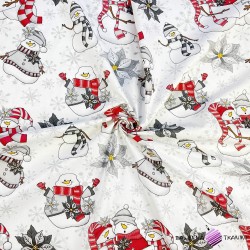Cotton 100% Christmas pattern with red-gray snowmen on a white background
