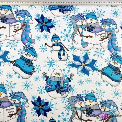 Cotton 100% Christmas pattern with blue-gray snowmen on a white background
