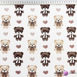 Cotton 100% brown teddy bears with hearts on a white background