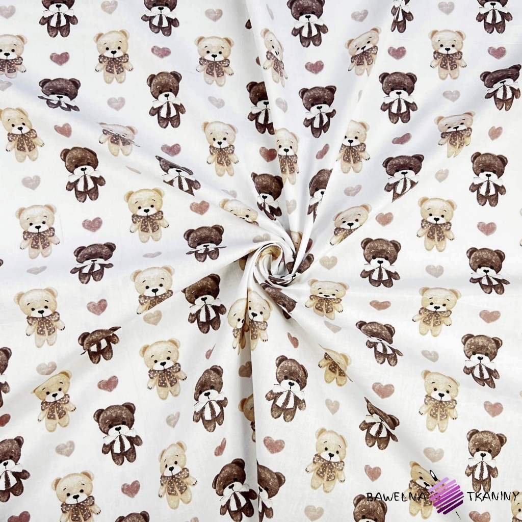 Cotton 100% brown teddy bears with hearts on a white background