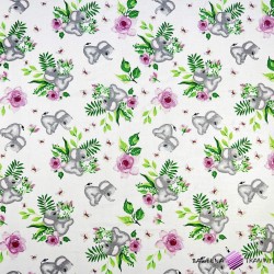 Cotton 100% gray elephants with roses on a white background