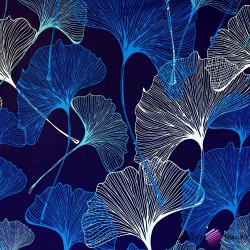 Bawełna 100% liście miłorząb błękitno szafirowe na granatowym tle