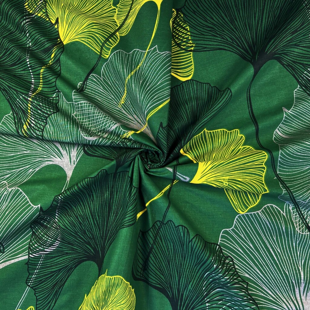 Cotton 100% yellow-gray ginkgo leaves on a dark green background - 220 cm