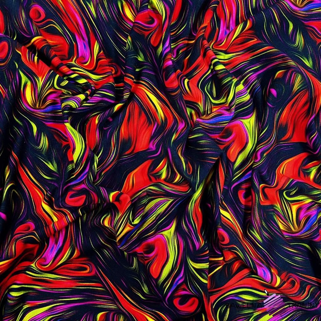 Looped knit digital print - yellow-red abstraction on a black background
