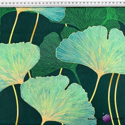 Cotton 100% ginkgo green leaves on a dark green background