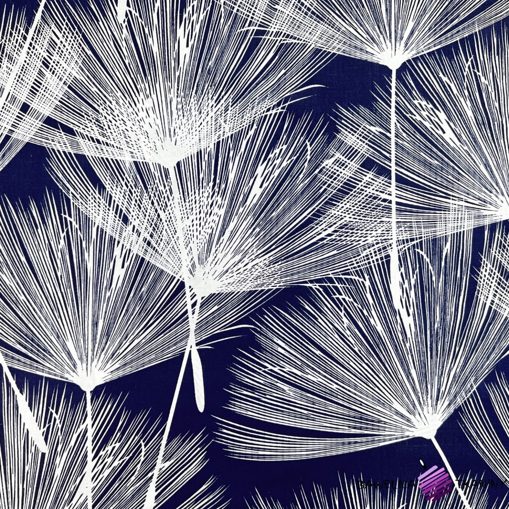 Cotton 100% white fans dandelions on a navy blue background