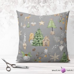 Cotton 100% Christmas pattern orange gnomes with a house and a Christmas tree on a gray background