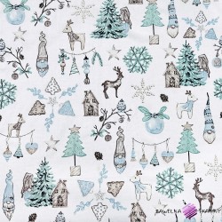 Cotton 100% Christmas pattern blue gnomes with a house and a Christmas tree on a white background