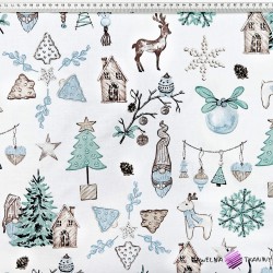 Bawełna 100% wzór świąteczny skrzaty niebieskie z domkiem i choinką na białym tle