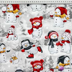 Cotton 100% Christmas pattern red snowmen with dogs on a gray-beige background