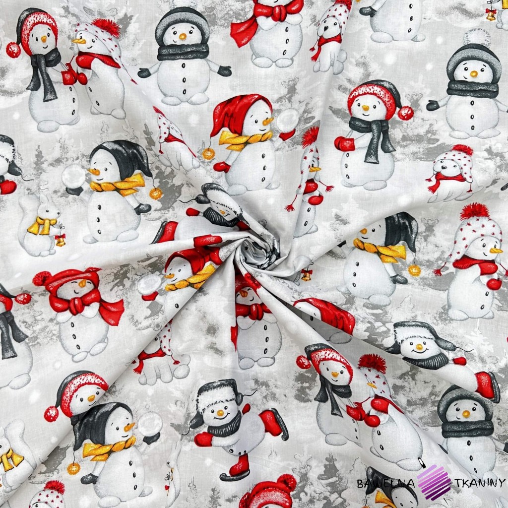 Cotton 100% Christmas pattern red snowmen with dogs on a gray-beige background