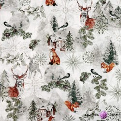 Cotton 100% sage-brown winter forest with reindeers