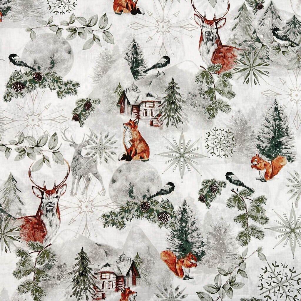 Cotton 100% sage-brown winter forest with animals