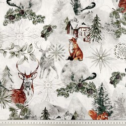 Cotton 100% sage-brown winter forest with animals