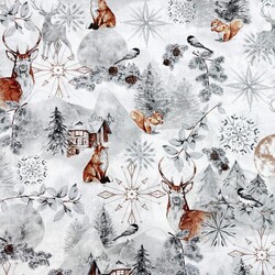 Cotton 100% gray brown winter forest with animals