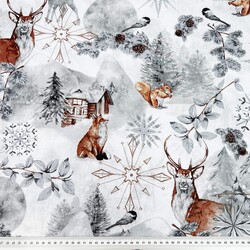 Cotton 100% gray brown winter forest with animals