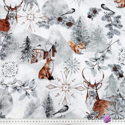Cotton 100%  gray-brown winter forest with reindeers