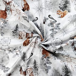 Cotton 100% gray brown winter forest with animals