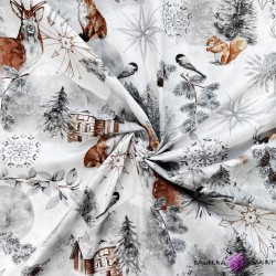 Cotton 100%  gray-brown winter forest with reindeers