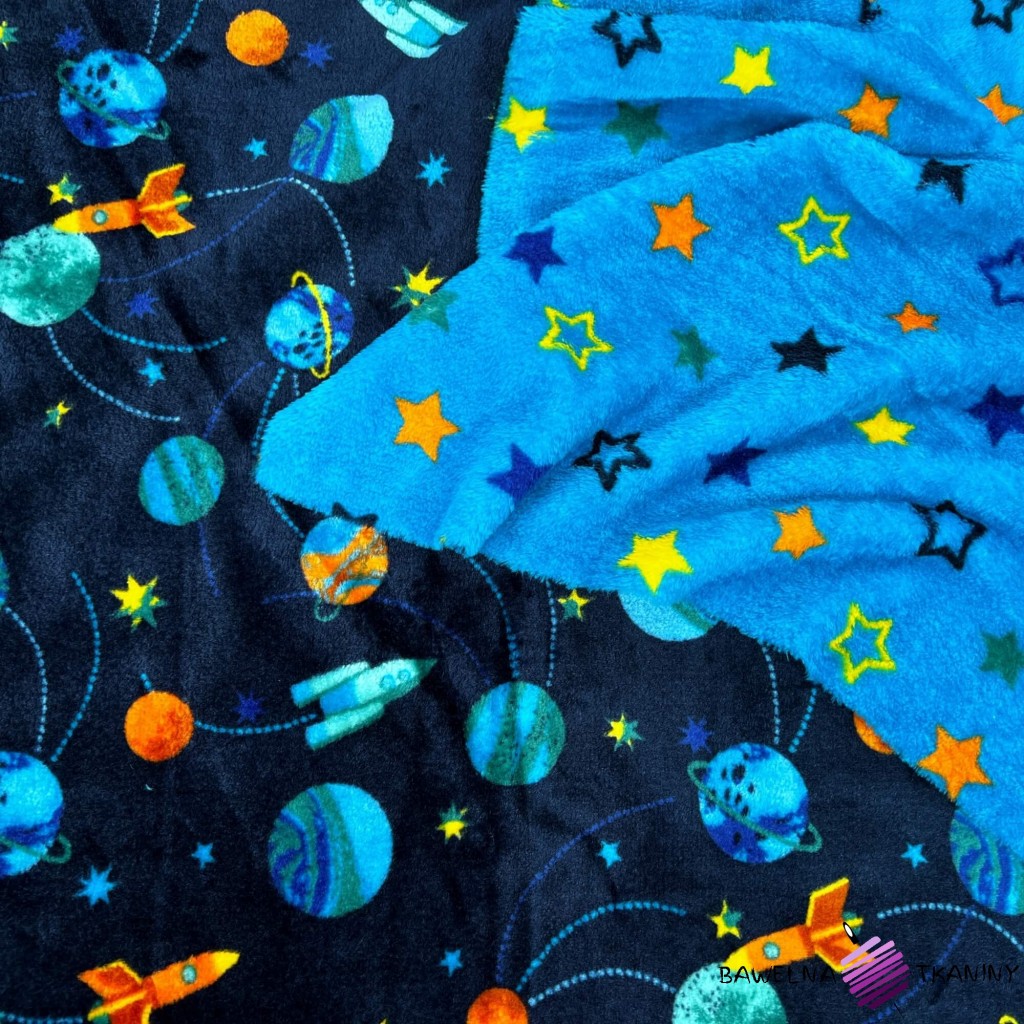 Double-sided fleece plus with a space and stars pattern