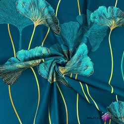 Bawełna 100% liście miłorząb turkusowe na turkusowym tle