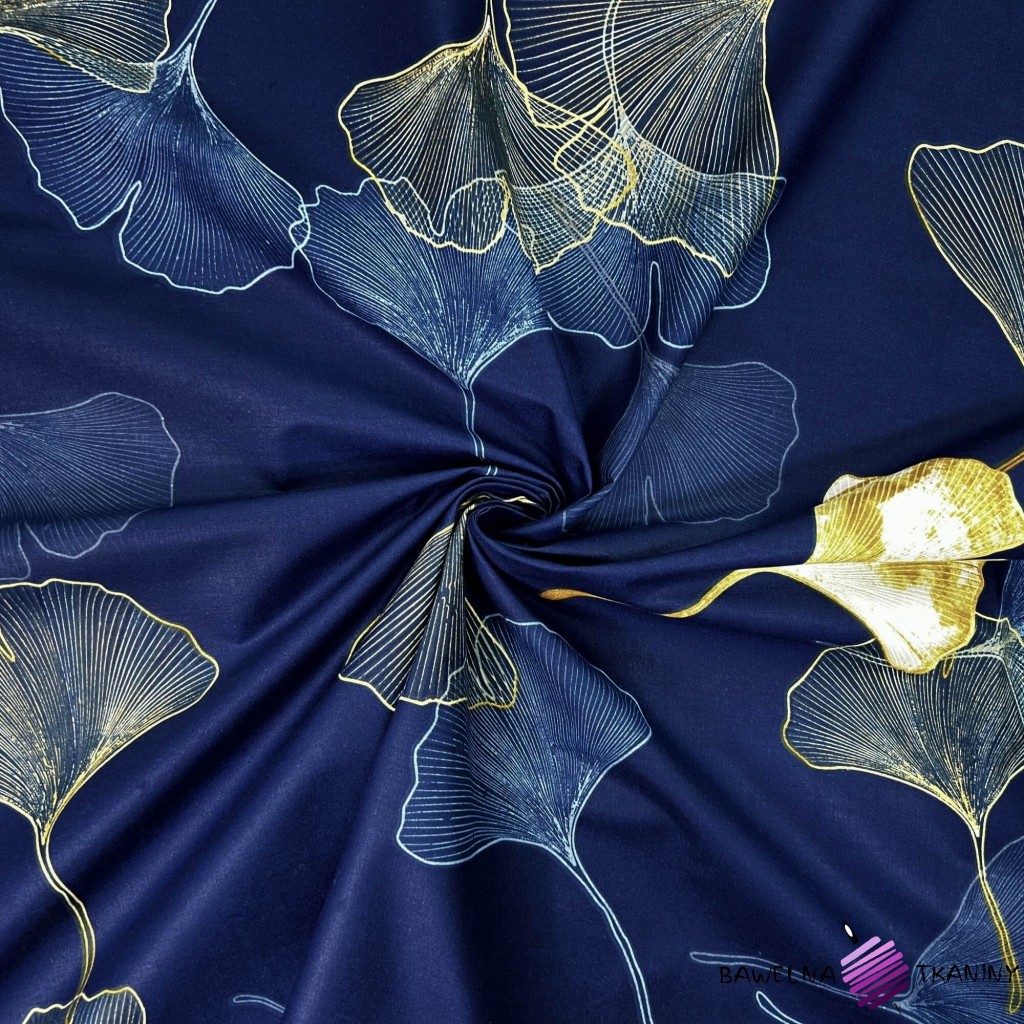 Cotton 100% ginkgo leaves on a dark sapphire background